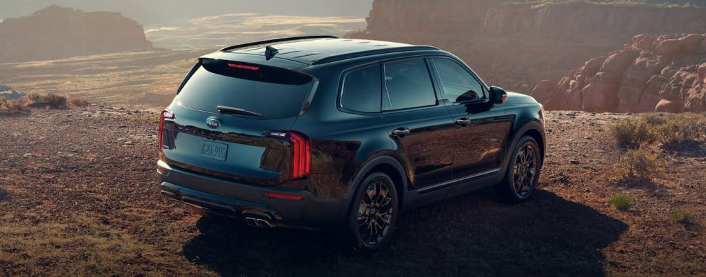 A dark green 2021 Kia Telluride is parked on the edge of a cliff.