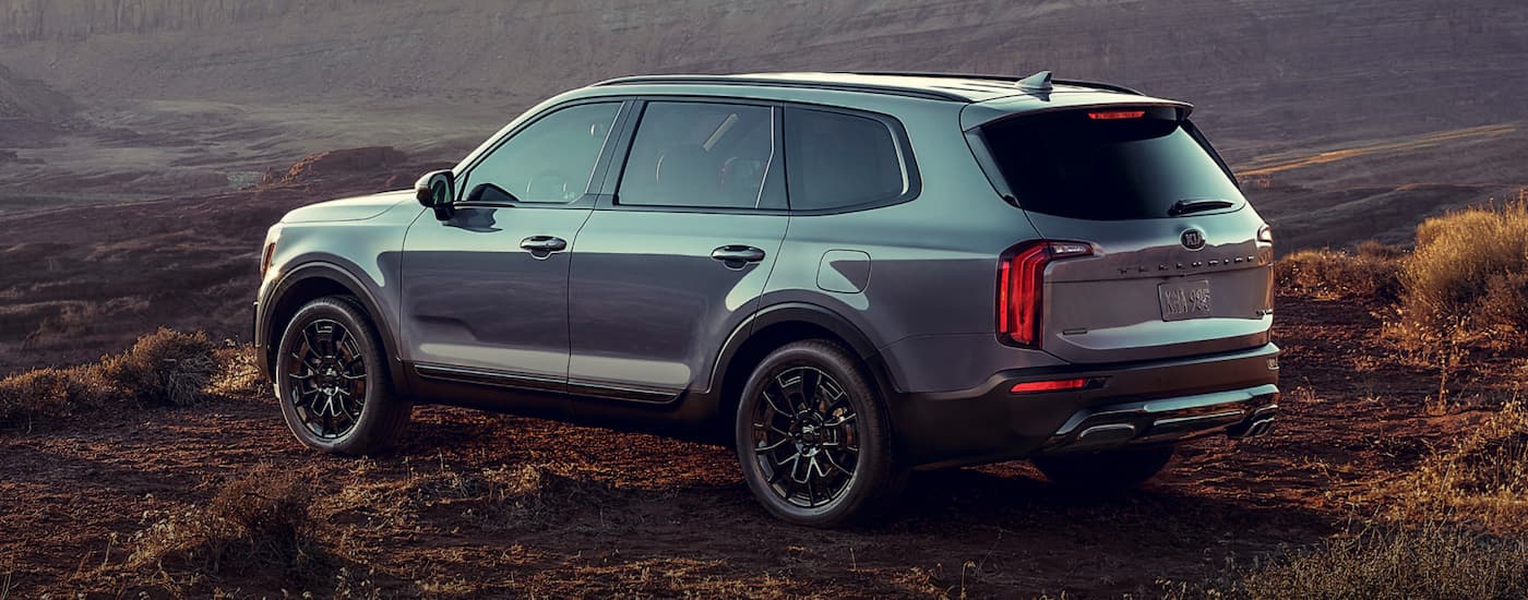 A silver 2021 Kia Telluride is parked on the edge of a cliff after leaving a Houston Kia Telluride dealer.