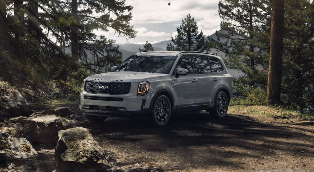 A white 2022 Kia Telluride SX is shown parked in the forest after leaving an Atascocita Kia dealer.